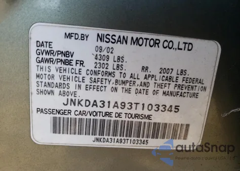 2003 Infiniti I35 z USA, uszkodzony, nr VIN JNKDA31A93T103345